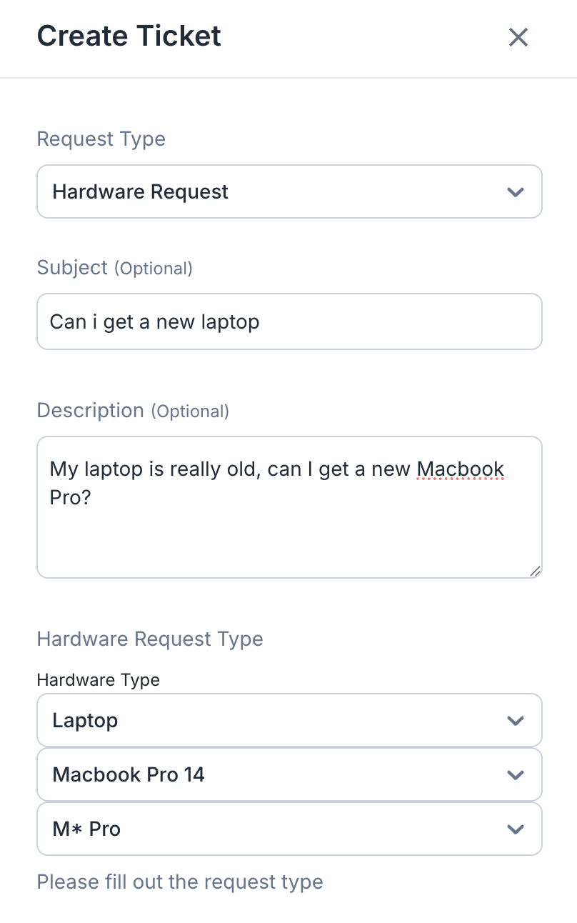 Create ticket form with structured request type fields